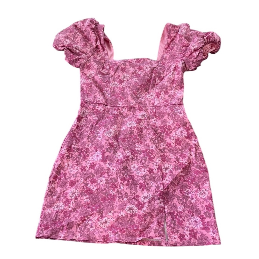 Trixxi Womens Pink Floral Square Neck Mini Dress Puff Sleeves Size Large